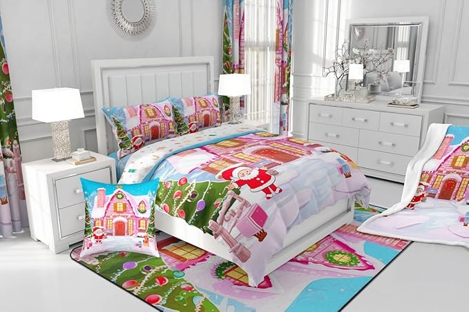 Feelyou Merry Christmas Pink Comforter Cover Set Cartton Cute Santa Claus Bedding Set Full Size for Kids Boys Girls Bedroom Bed Decor Xmas Duvet Cover Set Soft Quilt Cover,No Comforter