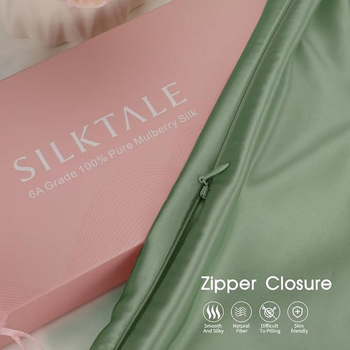 100% Mulberry Silk Zippered Bed Pillowcase for Hair and Skin,Zip Up Real Silk Large Pillow Case,19 Momme Grade 6A,1pc,Sage Green,Super King Size 20x36 Inches