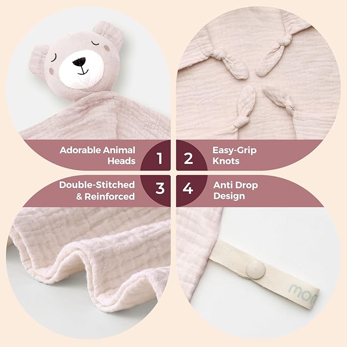 Momcozy Bear Loveys for Babies with Cotton - Soft Security Blanket for Boy or Girl for Self-Soothing On-The-Go-Portable & Anti-Drop Design - Newborn Gift，Must Have（Pink Bear 14 inch）