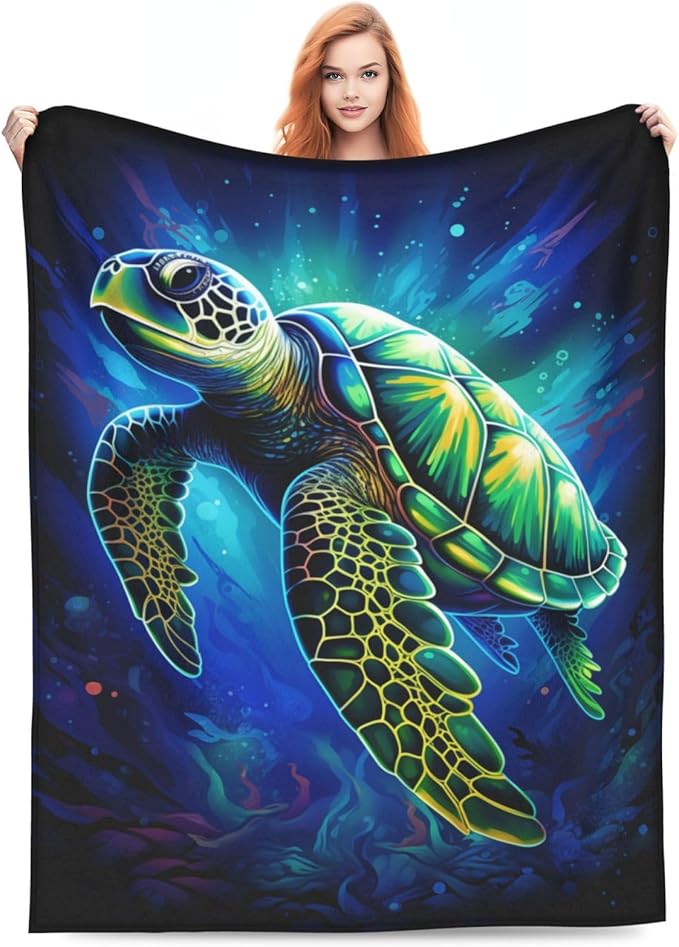 Sea Turtle Blue Blanket Turtles Shell Waves Flannel Throw Blankets for Home Decor Couch Bed Sofa Soft Fuzzy Lightweight Gifts for Kids Adults 60x50 Inches