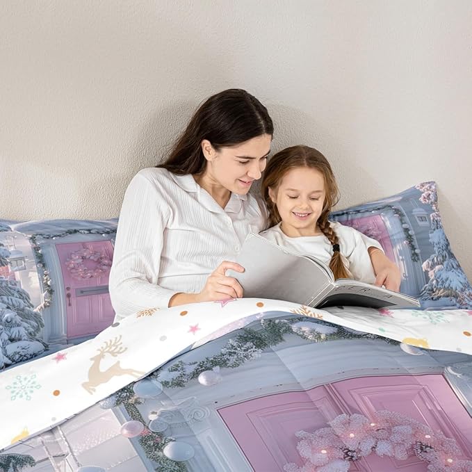 Feelyou Winter Snowscape Bedding Set Soft for Boys Girls, Merry Christmas Comforter Set Queen Size Pink Door Duvet Quilt Microfiber Garland Xmas Tree Bedroom Decor 3 Pcs with 2 Pillow Cases
