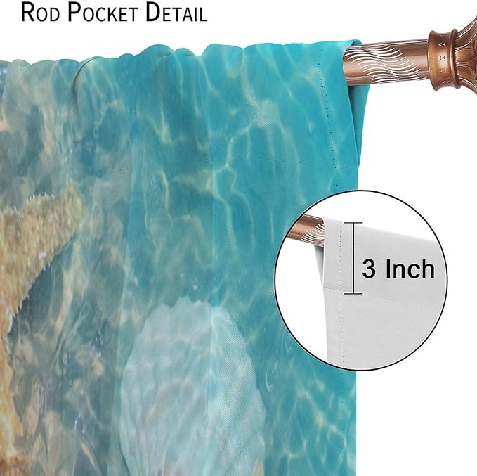 Beach Curtain for Bathroom Decor，Sea Turtle Starfish Seashell Nautical Ocean Coastal Scenery Art Printed Fabric Polyester Waterproof Set 2 Panels,42x63 Inches