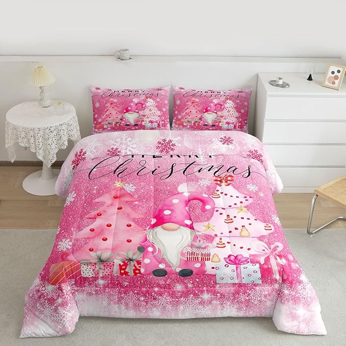 Castle Fairy Girly Christmas Comforter Set Queen Size,Pink Gnome Xmas Pine Trees Gift Bedding Set for Women Adult,Snowflake Stars Glitter Sparkling Luxury Bed Duvet Insert, 2 Pillowcases