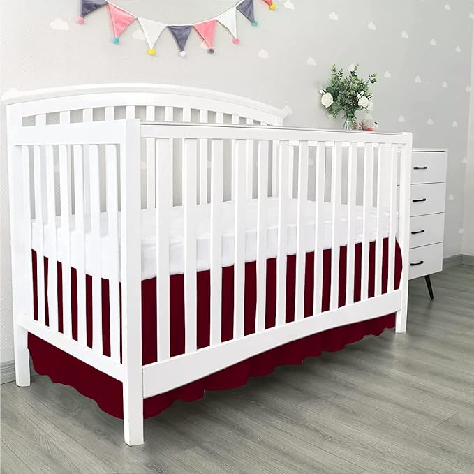 100% Egyptian Cotton, Nursery Crib Toddler (28" x 52" + 16") 800 Thread Count Crib Skirt Dust Ruffle, Bedding Skirts for Baby Boys or Girls, 16" Drop, Burgundy Solid