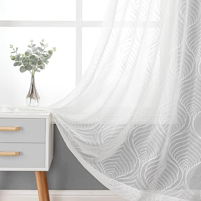 VISIONTEX White Sheer Curtains 63 Inch Length 2 Panels Set Moroccan Embroidery Texture Geometric Rod Pocket Ivory White Voile Tulle Semi Window Treatment Pair for Bedroom Living Room 54 x 63 Inches