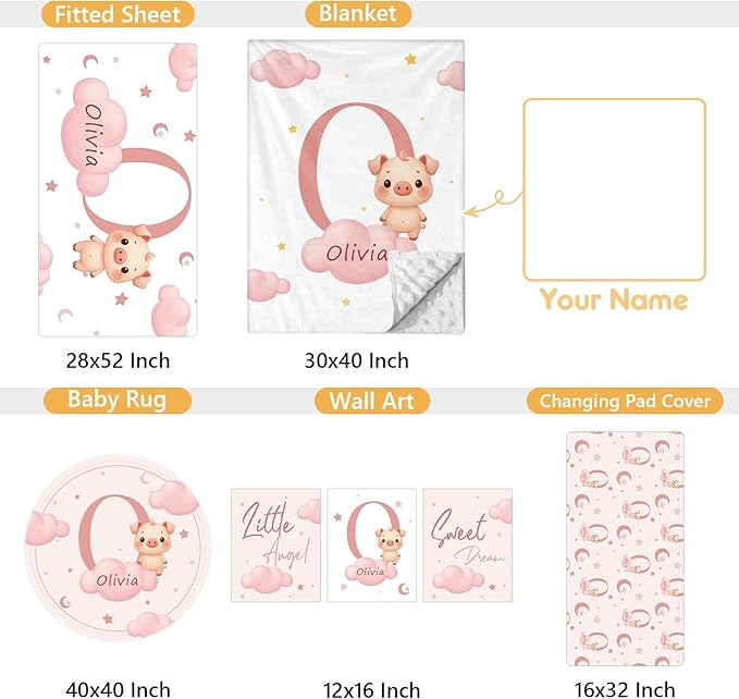 Custom Baby Bedding Set, 5 Pcs Personalized Baby Crib Sets with Name, Toddler Bedding Set for Baby Girls Boys, Pink Pig Double Layer Nursery Bedding Set, Customized Gift for Infant New Parents