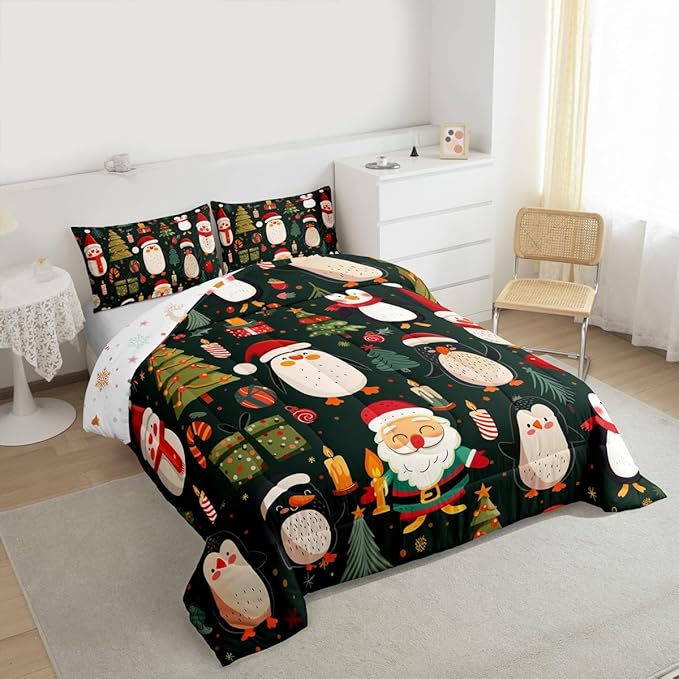 Feelyou Christmas Bedding Set Soft for Boys Girls, Penguin Santa Comforter Set Full Size Xmas Tree Snowflake Duvet Quilt Microfiber New Year Gift Bedroom Decor 3 Pcs with 2 Pillow Cases