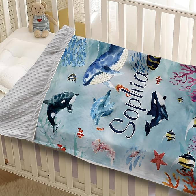 Custom Baby Blanket - Ocean Animals Theme Personalized Name Blanket for Boys Girls, Soft Infant Toddler Blanket with Whale and Dolphin, Customizable Nursery Bedding (60" x80)