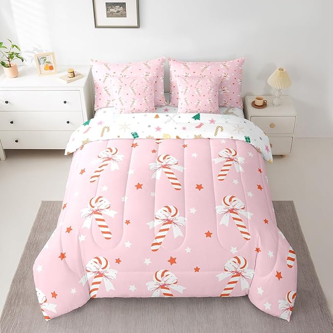 Pink Christmas Girly Comforter Set with Sheets Kids Christmas Bowknot Bedding Set Boys Girls Bow Candy Decor Bed in a Bag Xmas Theme Bed Set Bedroom Full Size