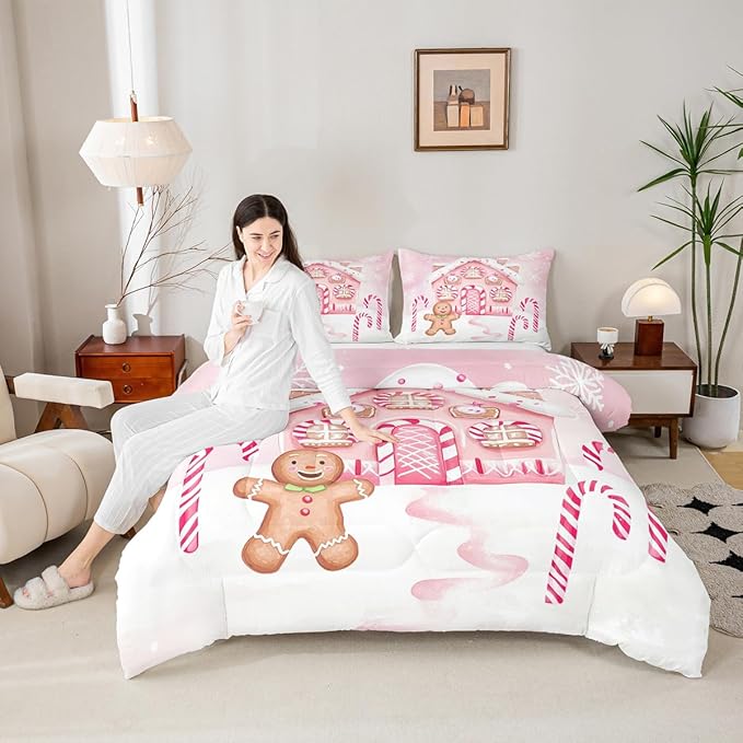 Feelyou Gingerbread Man Comforter Set Toddler Size Gingerbread House Bedding Set for Kids Boys Girls Candy Canes Duvet Quilt Pink Christmas Scheme Bedroom Decor Snowflake 2 Pcs with 1 Pillow Cases
