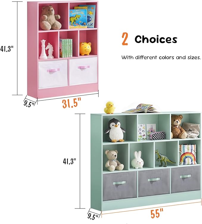 ivinta Toy Storage Organizer for Kids, 10-Cube Wooden Storage Cabinet with Collapsible Fabric Drawers for Children, 3-Tier Bookshelf for Playroom Nursery Bedroom Living Room (Green)