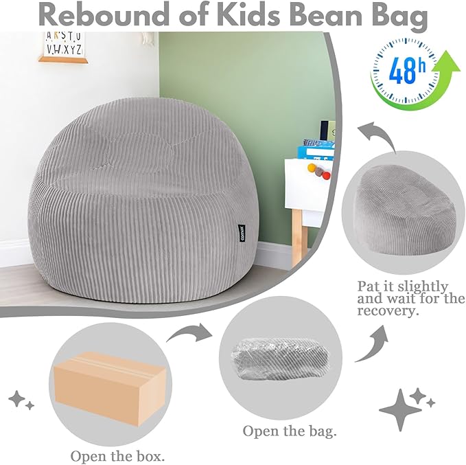 COMAX Bean Bag Chairs for Kids, Toddler BeanBag Sofa with Filler Bean Couch Stuffed for Boys and Girls, Lazy Floor Chair for Playroom, Nursery Room, Light Grey