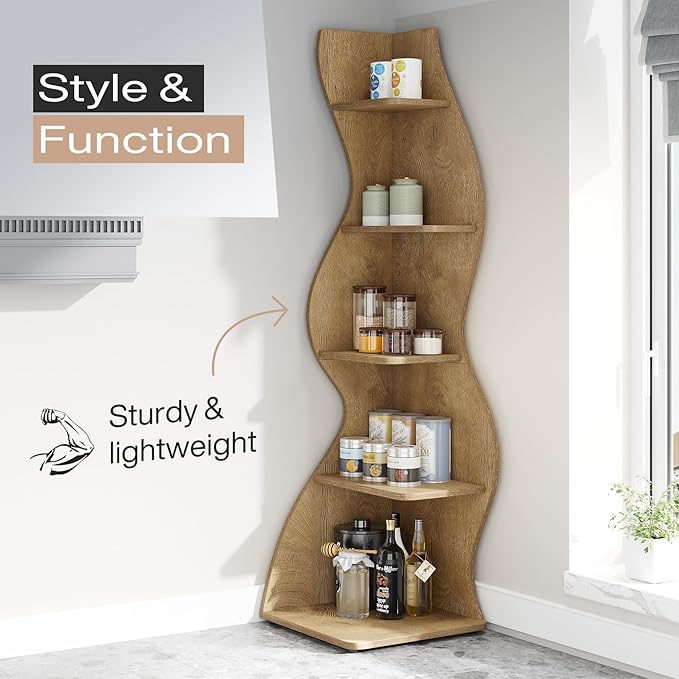 Tribesigns Corner Shelf, Modern 5-Tier Wall Corner Bookshelf, Stylish Corner Small Bookcase Storage Rack Plant Stand with Unique Shape for Living Room, Home Office (Light Brown, 1PC)