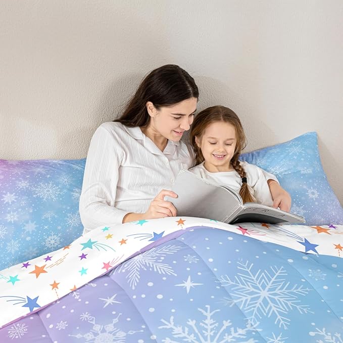 Feelyou Christmas Comforter Set All Season Winter Snowflake Bedding Set with 2 Pillow Cases Blue Purple Gradient Microfiber Kids Full Bedclothes Bedroom Decor Duvet Quilt Breathable Soft Lightweight