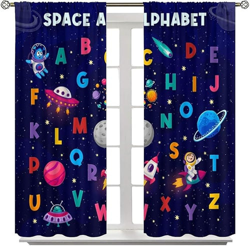 Alphabet Curtains Kids Outer Space Cartoon Universe Planet Educational Learning Curtain with Rod Pocket for Bedroom Nursery Decor Drapes Window Treatments 2 Panels Set 55" W X 63" L