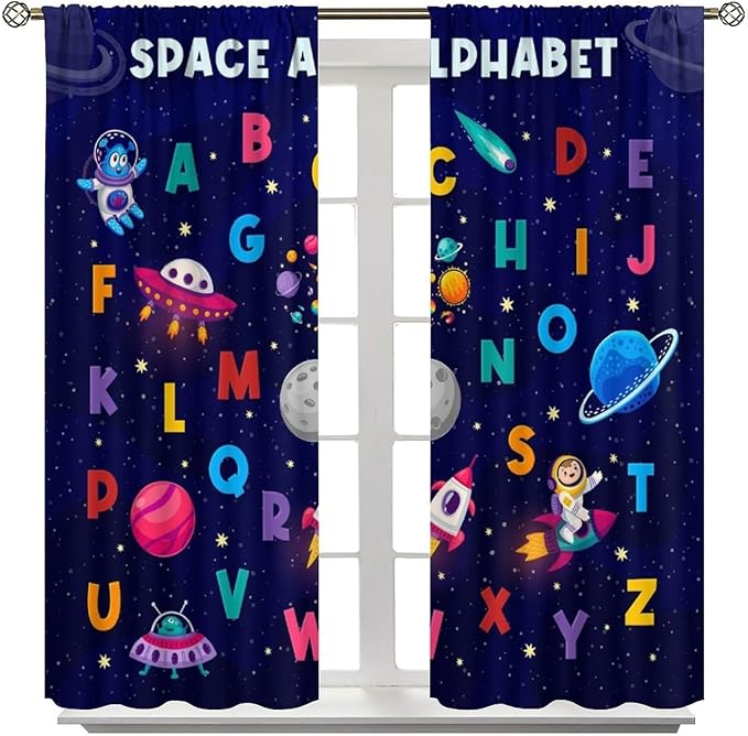 Alphabet Curtains Kids Outer Space Cartoon Universe Planet Educational Learning Curtain with Rod Pocket for Bedroom Nursery Decor Drapes Window Treatments 2 Panels Set 52" W X 84" L