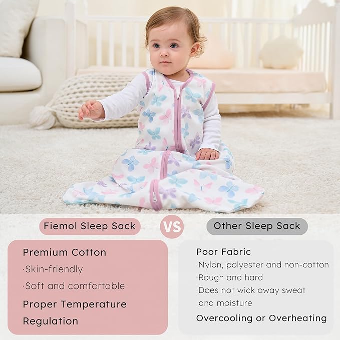 Baby Sleep Sack 18-24 months, 100% Cotton Sleeping Sack for Toddler, 3 Pack Baby Wearable Blanket, 0.5 Tog Lightweight Double Zipper Sleep Bag XLarge Pink Butterfly Flower