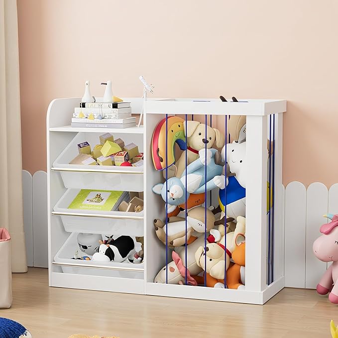 Naches Kids Toy Organizer and 4-Tier Montessori Bookshelf with 3 Bins, 3-in-1 Toy Shelves and Stuffed Animal Storage for Playroom, Nursery, Baby Room (White)