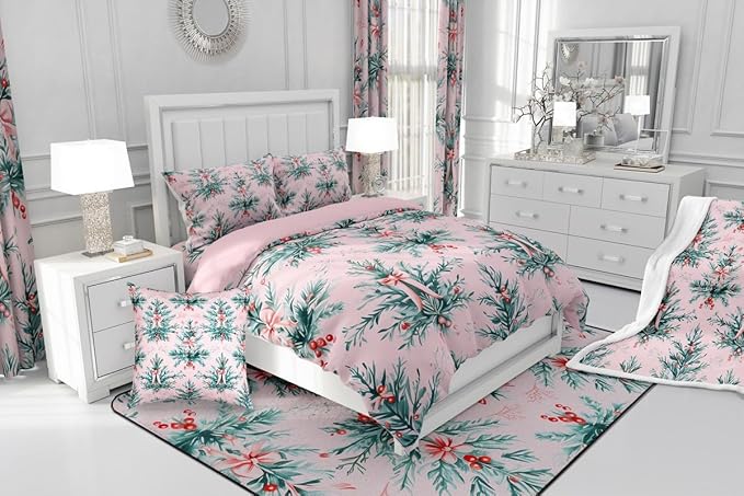 Feelyou Merry Christmas Kids Comforter Set Toddler Size Green Xmas Tree Bedding Set Pink Bow Duvet Quilt for Kids Boys Girls Bedroom Decor Microfiber Ultra Soft Breathable