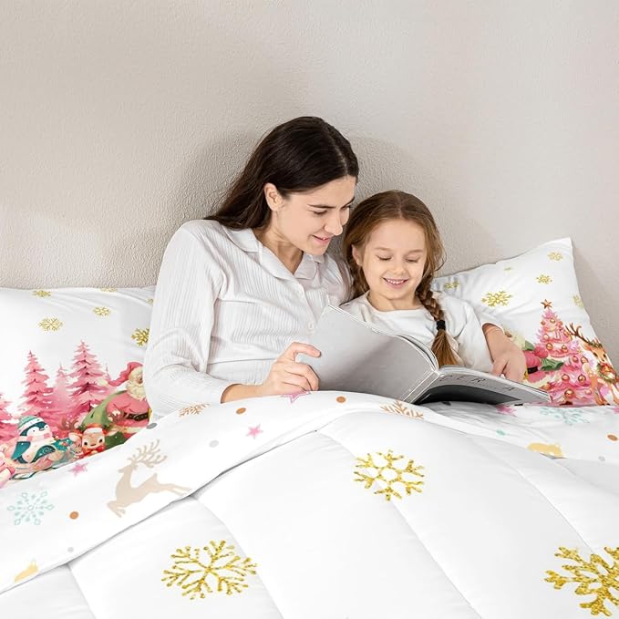 jejeloiu Merry Christmas Comforter Set Twin Size Santa Claus Bedding Set for Kids Boys Girls Cute Deer Duvet Quilt White Bedroom Decor