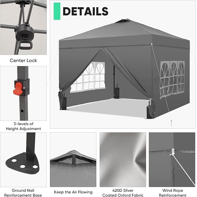 GDY 10x10 Pop Up Canopy Tent with 4 Sidewalls, Easy Set up with One Push Lift Outdoor Silver Coated Beach Gazebos, Carpas with 4 Sandbags, for Pool, Events, Parties, and Camping, Gray.