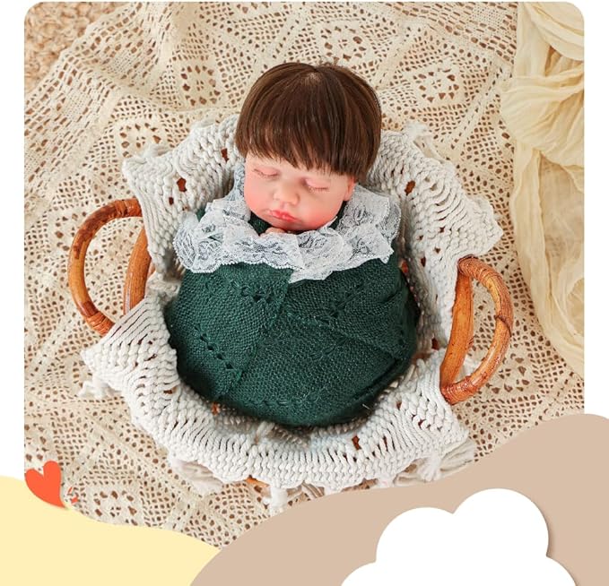 Kate Newborn Photography Props Rattan Circular Basket Handcrafted Bed Mini Bed with Boho Woven Blanket and Stretch Wrap for Baby Photography Posing Props Photoshoot