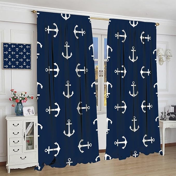 Nautical Curtains,MarineThemed Oceanic Anchor Pattern Blackout Print Home Bedroom Living Room Window Treatments 2 Panel Set 84x84 Inch