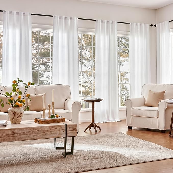 jinchan Linen Curtains with Privacy Lining 96 Inch Length White Farmhouse Closet Lined Drapes for Small Narrow Window Bedroom Living Room Bay Window 2 Panels Rod Pocket Back Tab