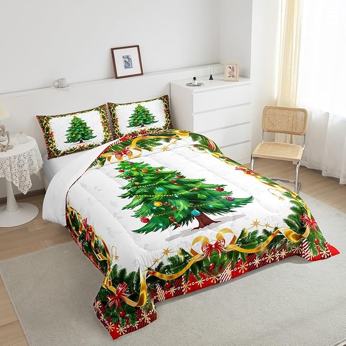 Christmas Tree Bedding Set Full Size,Merry Christmas Comforter Set for Kids Boys Girls Room Decor,Snowflake Bowknot Green Pine Leaves Duvet Insert 3Pcs,Xmas Plaid Patchwork Quilt Set,2 Pillowcases