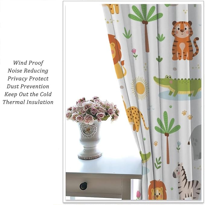 Cartoon Animal Curtains, Safari Woodland Jungle Forest Wildlife Blackout Window Treatments, Rod Pocket Thermal Insulated Drapes 2 Panel Sets for Kids Bedroom Nursery Classroom, 63" W X 63" L