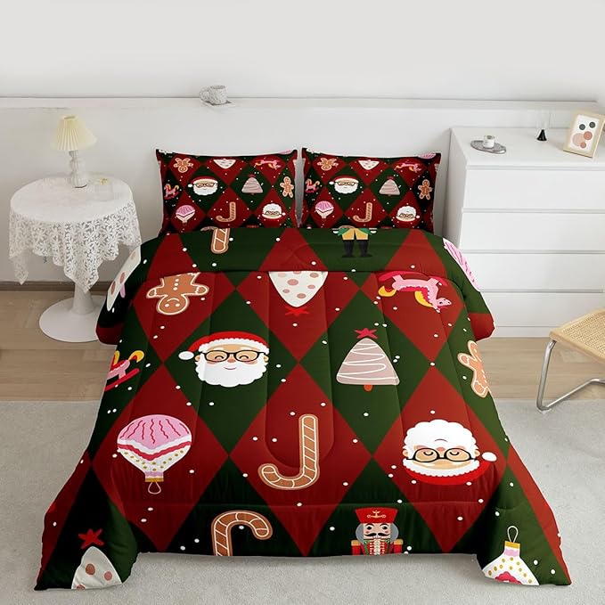 Feelyou Merry Christmas Bedding Set Soft for Boys Girls, Santa Claus Comforter Set Queen Size Xmas Tree Nutcracker Soldier Duvet Quilt Gingerbread Man Bedroom Decor 3 Pcs with 2 Pillow Cases