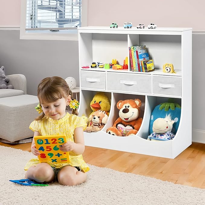 HONEY JOY Kids Toy Storage Organizer with Bookcase, 8-Cubby Organization Cabinet w/Display Shelf & 3 Removable Fabric Bins, Wooden Toy Storage Unit for Playroom, Nursery, Daycare (White)