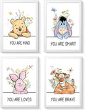 Cute Winnie the Pooh Quote Framed Wall Art Set of 4, Boho Educational You are Brave Strong Smart Kind Wooden Saying Sign, Preschool Inspirational Nursery Wall Decor for Baby Girl Kid Boy Toddlers