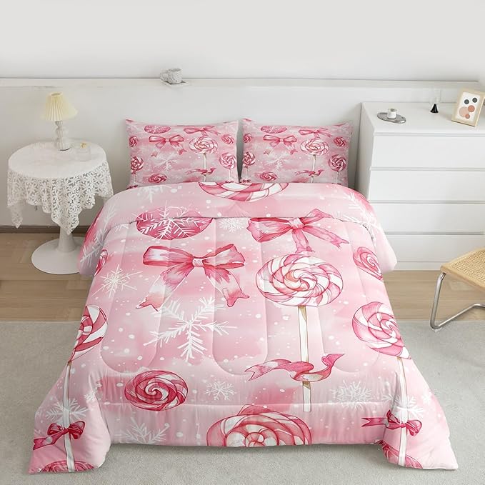 Feelyou Pink Bow Comforter Set Toddler Size Pink Lollipops Bedding Set for Kids Boys Girls Watercolor-Style Duvet Quilt Xmas Snowflake Bedroom Decor Christmas Microfiber 2 Pcs with 1 Pillow Cases
