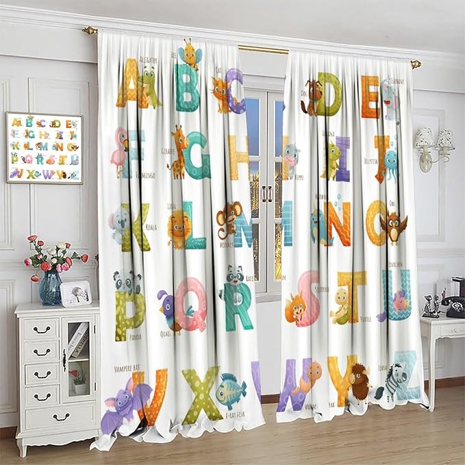 Kids Alphabet Curtains Educational Baby Cartoon Animals Colorful Cute Curtain with Rod Pocket for Nursery Living Room Home Decor Drapes Window Treatments 2 Panels Set 42x63in