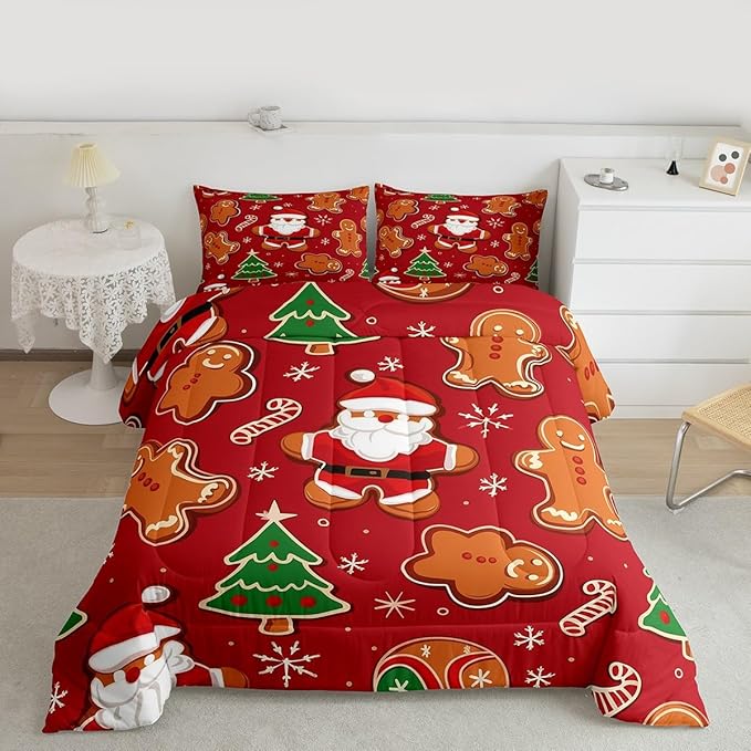 Feelyou Christmas Kids Comforter Set Toddler Size Santa Bedding Set Gingerbread Man Duvet Quilt for Kids Boys Girls Bedroom Xmas Tree Snowflake Decor Microfiber Ultra Soft Breathable