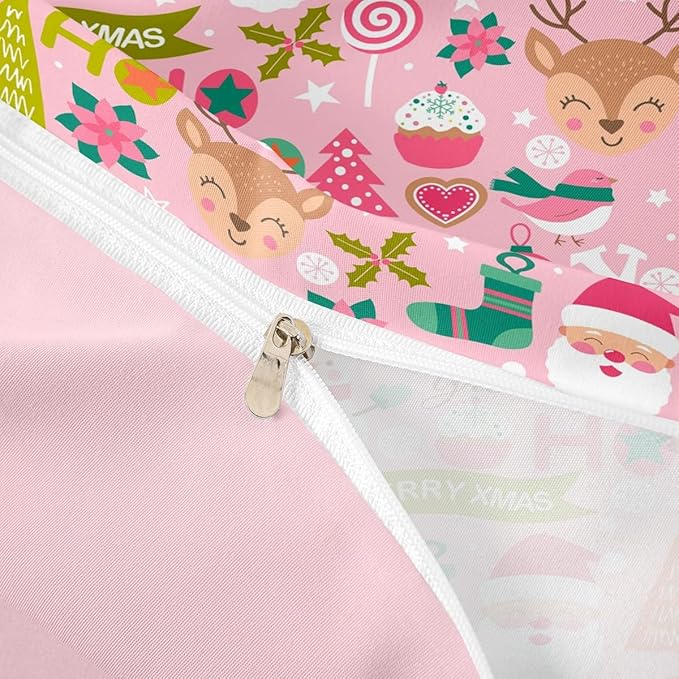 Feelyou Kids Pink Merry Christmas Bedding Set Queen Merry Christmas Tree and Snowman Duvet Cover for Bedroom Decor Xmas Comforter Cover Set Snowflake Holiday Bedspread Cover with 2 Pillow Case