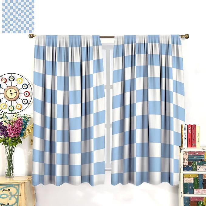 Blue Checkered Curtains,70s Vintage Twisted Checkered Window Drapes Colorful Groovy Trendy Wavy Hippie Grid Print Window Treatments for Kids Girls Bedroom Living Room 55" W X 63" L
