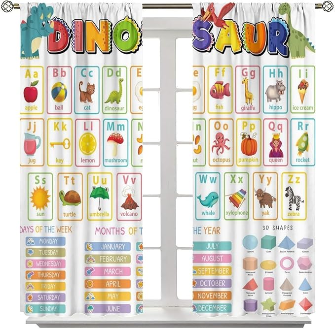 Funny Kids Alphabet Curtain, Cartoon Animal Alphabet Learning Dinosaur Boys Kids Students Baby Educational Colorful Window Treatments for Bedroom Living Room School Decor 42" W X 45" L