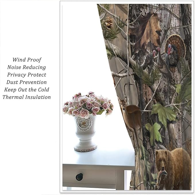 Retro Forest Window Curtains, Camouflage Hunting Tree Camo Rustic Deer Elk Bird Bear Blackout Rod Pocket Windows Door Curtain for Bedroom Living Room Home Decor 42x54in