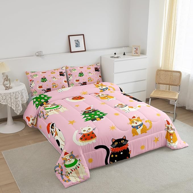 Erosebridal Christmas Decor Quilts Cute Cats Comforter Set Twin Size for Kids Boys Girls Bedroom Xmas Tree Bedding Set Cartoon Animal Down Comforter with 1 Pillow Case