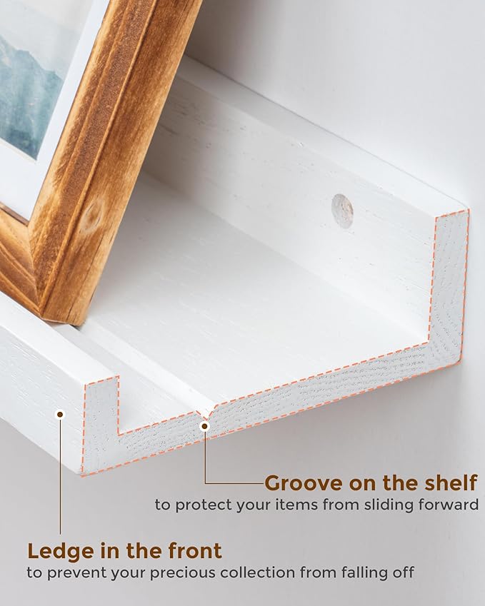 Axeman Oak Picture Ledge Shelf, 48 Inch Floating Shelves Set of 2, Solid Oak Wood Wall Shelves with Lip, Wall Decor Storage for Bedroom Living Room Bathroom Kitchen Nursery Photo Picture, White