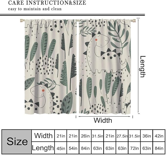 Dinosaur Curtains, Cute Dino Tropical Leaves Plant Beige Green Blackout Window Treatments, Rod Pocket Thermal Insulated Drapes 2 Panel Sets for Children Bedroom Nursery Classroom, 42" W X 54" L