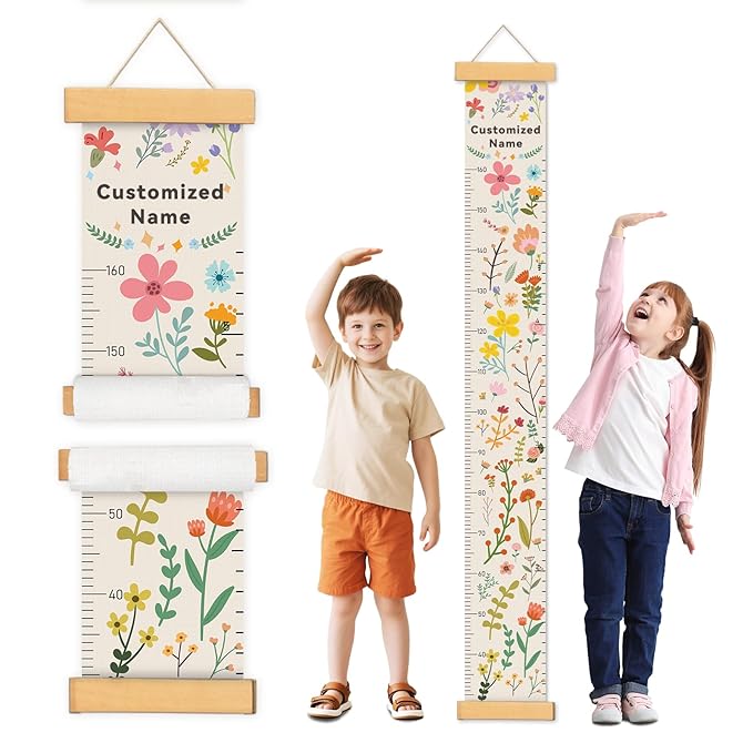 Personalized Name Growth Chart Wall Decor for Kids – Canvas Removable Height Chart Measuring Ruler 59" x 7.9" (Flowers and Plants)