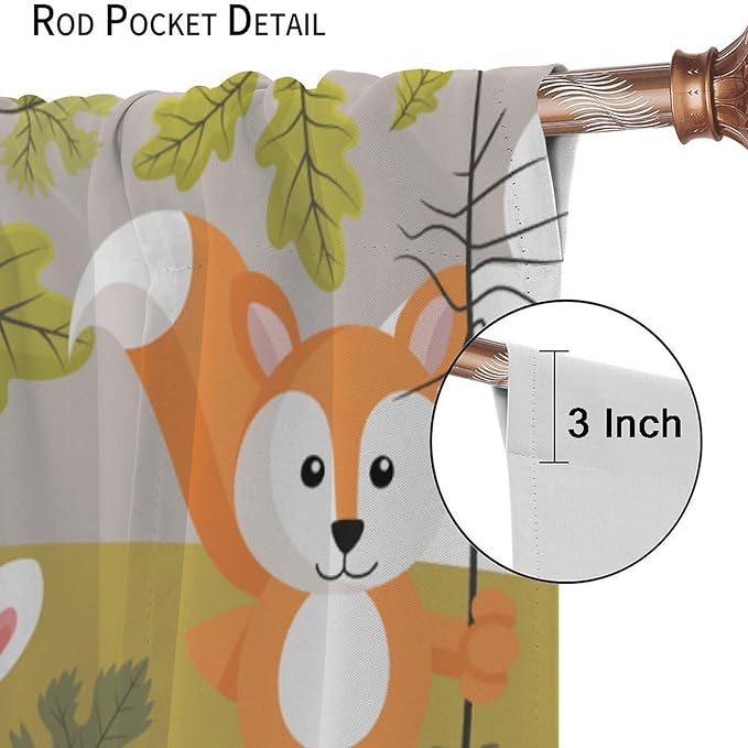 Cartoon Curtains, Jungle Animals Autumn Fun Pattern Blackout Window Treatments, Rod Pocket Thermal Insulated Drapes 2 Panel Sets for Children Boys Bedroom Nursery Classroom, 42" W X 45" L