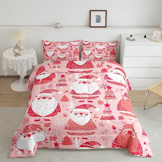 Feelyou Cute Santa Claus Bedding Set for Kids Boys Girls Toddler Size Christmas Comforter Set Ultra Soft Winter Comforter Xmas Tree Duvet Quilt Bedroom Decor Christmas Decorations Quilt
