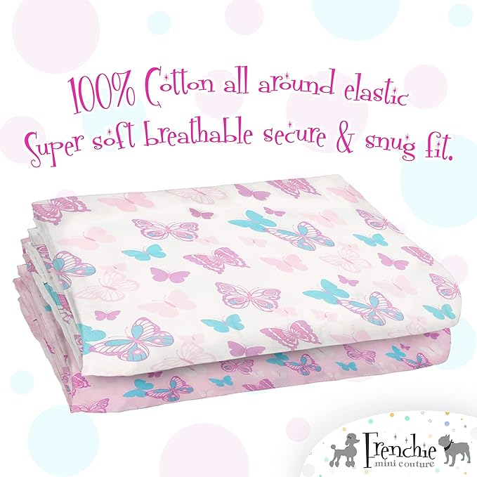 Frenchie Mini Couture, Bassinet Sheets for Babies, 2 Pack, 100% Woven Cotton, Pink Bassinet Protector, Fits Standard Bassinets, 15 x 33 x 4in, Butterfly