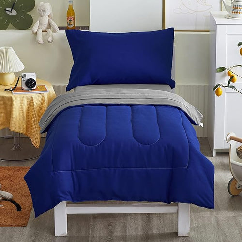 4 Pieces Toddler Bedding Set Ultra Soft and Breathable Toddler Comforter Sheet Set for Autumu and Winter- Includes Warm Comforter, Flat Sheet, Fitted Sheet and Pillowcase - Royal Blue & Gray