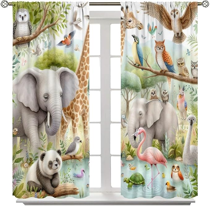 Kids Animals Curtain Cartoon Western Wildlife Flamingo Elephant Giraffe Window Treatment for Baby Children Bedroom Living Room 72" W X 63" L
