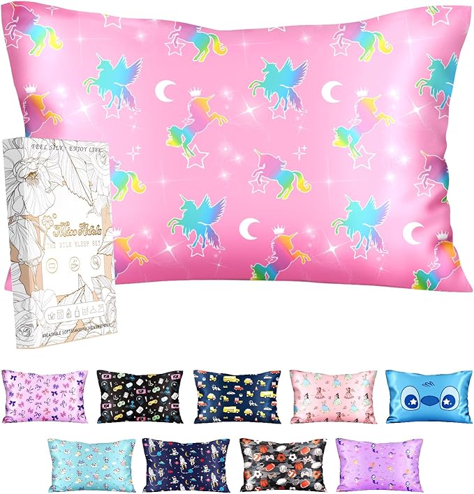Silk Pillowcase for Kids - 30 x 20 Inches Queen Size Mulberry Silk Pillow Case with Zipper Cute Cartoon Kawaii Teens Girls Boys Pillowcase for Hair and Skin, Colorful Unicorn